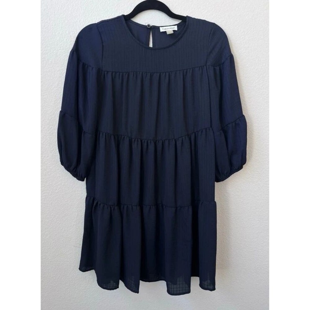 Calvin Klein Navy Babydoll Tiered Mini 1/2 Puffy Sleeve Dress Size 4 Petite